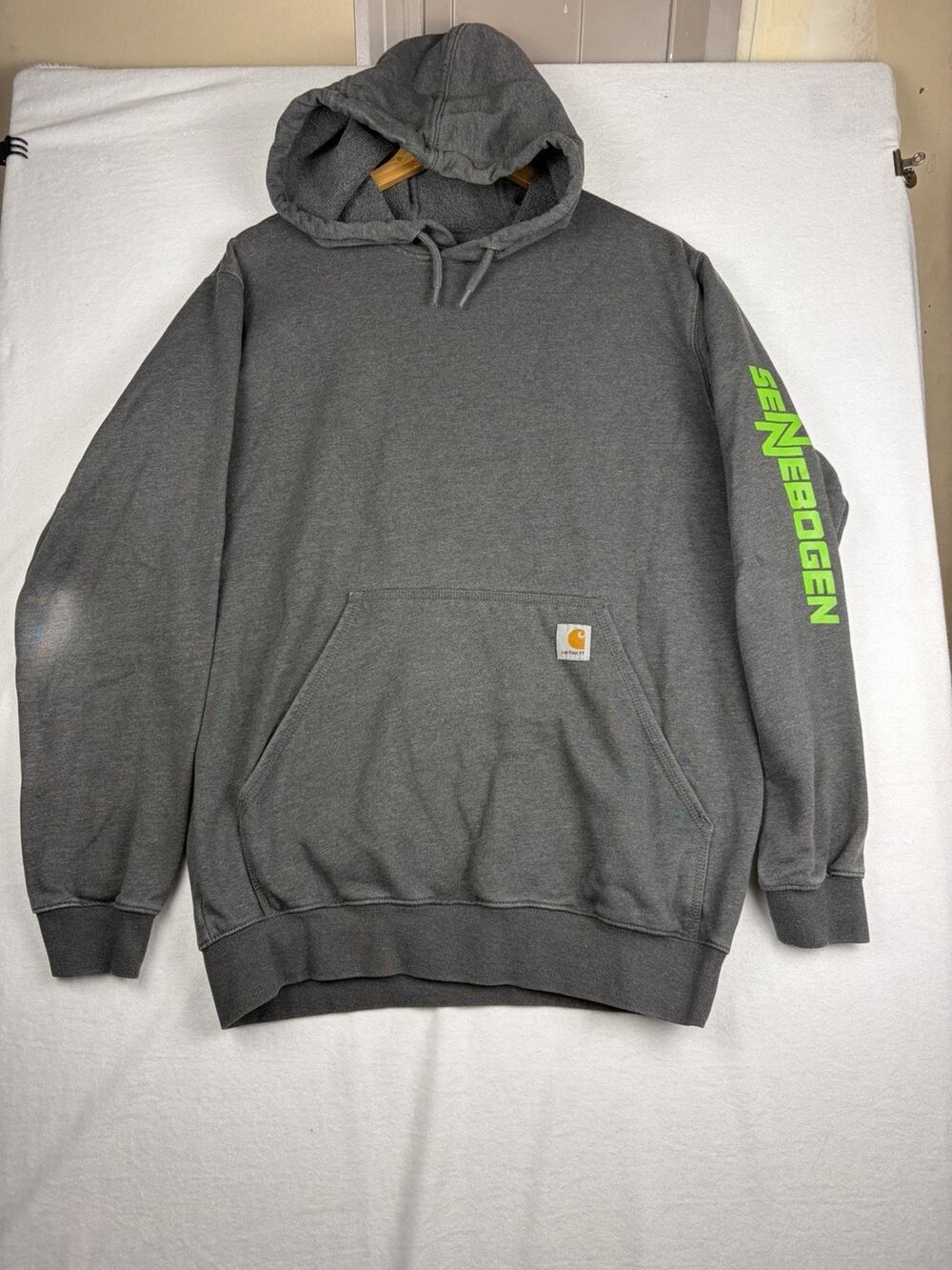 Carhartt Hoodie Men's M Gray Loose Fit Sennbogen Green Sleeve Logo Pullover
